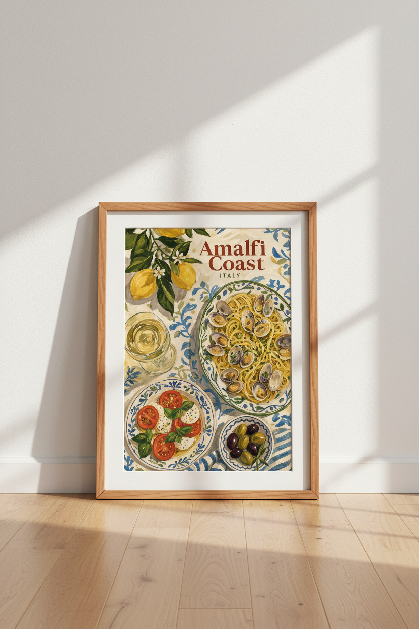 Amalfi Coast Italy Food Wall Art | Pasta & Lemon Kitchen Decor | Mediterranean Poster