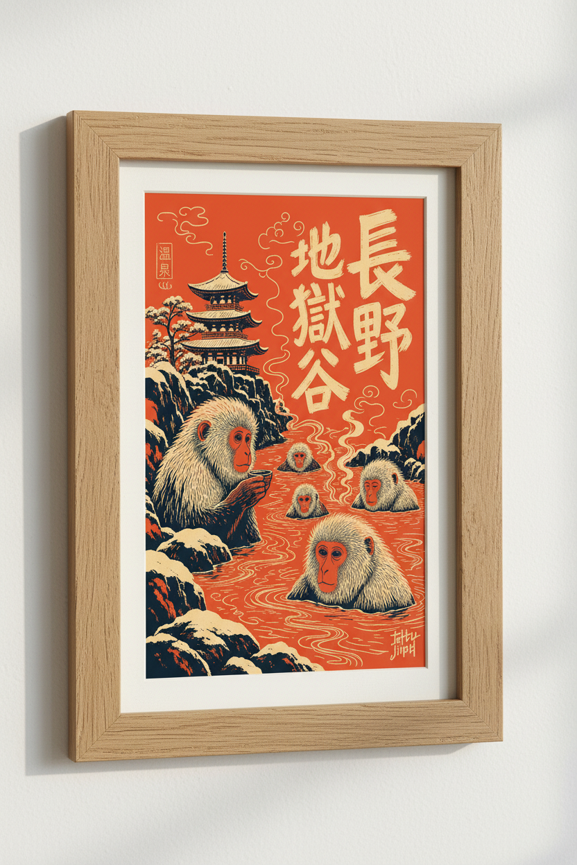 Japanese Snow Monkey Wall Art | Macaque Hot Spring Poster, Zen Asian Home Decor