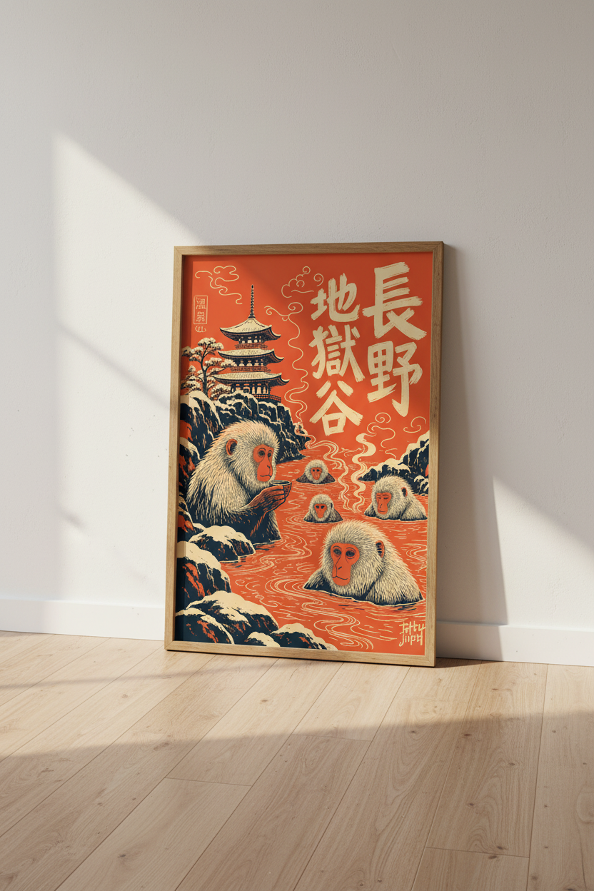 Japanese Snow Monkey Wall Art | Macaque Hot Spring Poster, Zen Asian Home Decor
