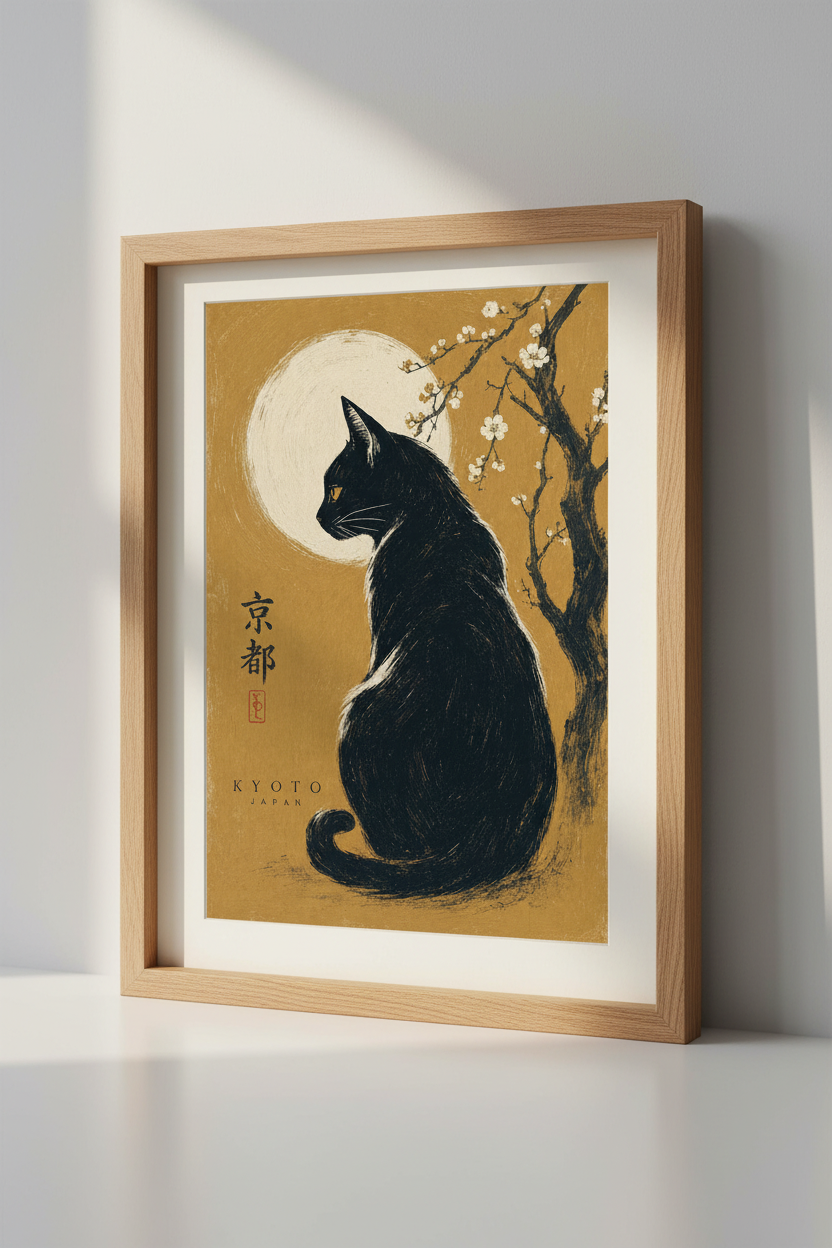 Japanese Black Cat Wall Art | Kyoto Moon Poster, Zen Home Decor