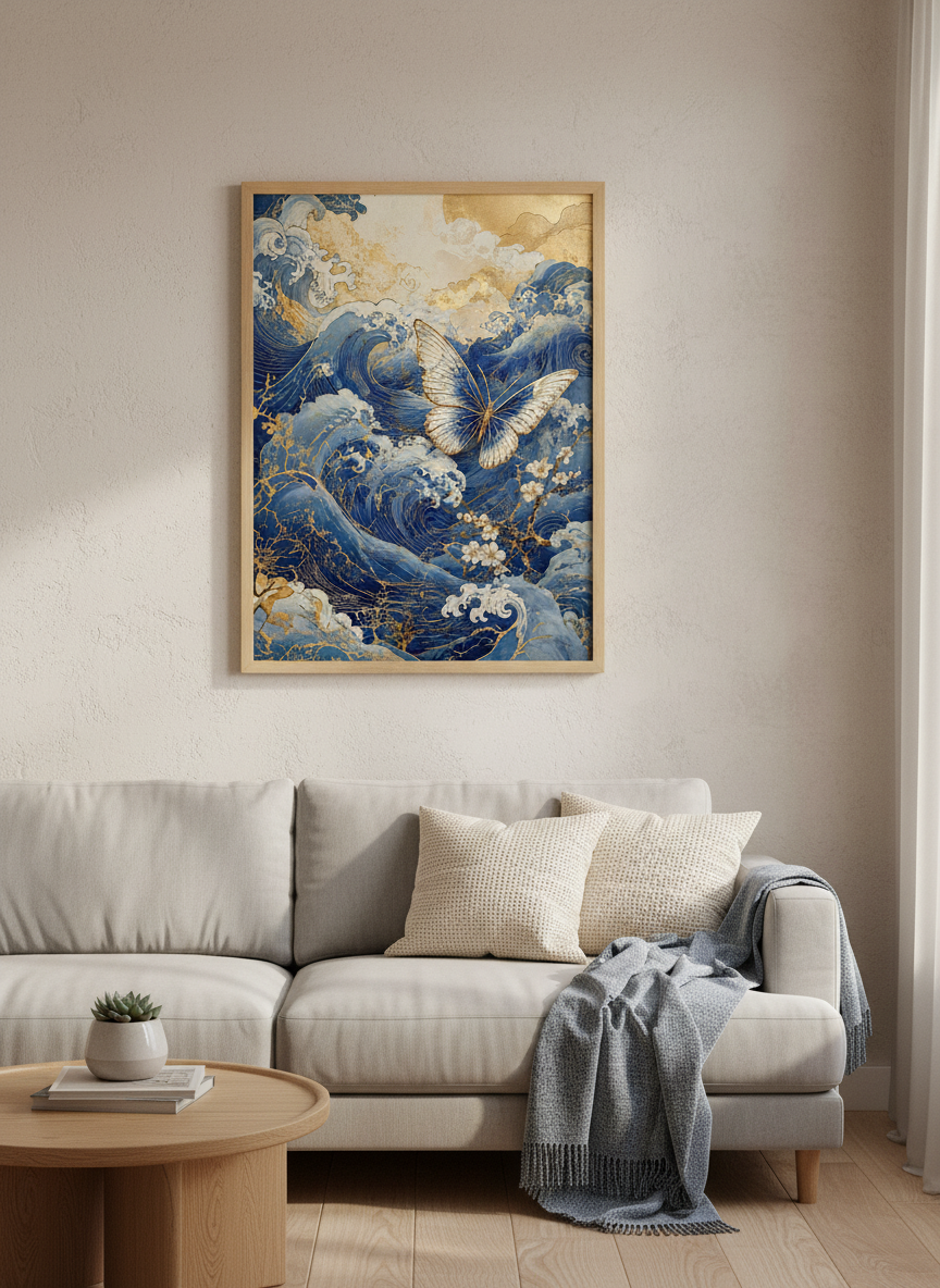 Great Wave Butterfly Wall Art Print | Blue & Gold Japanese Decor | Zen Aesthetic Poster