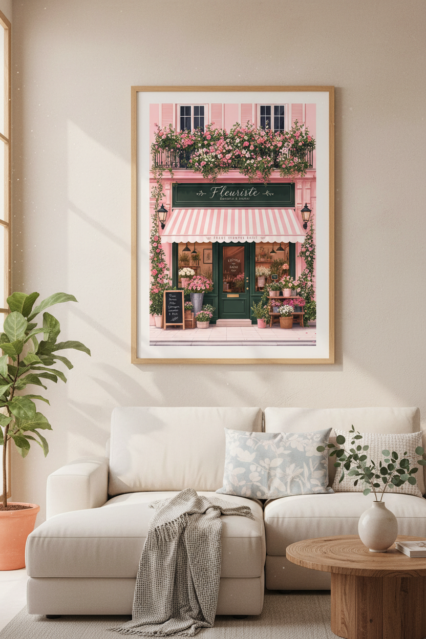 Parisian Flower Shop Wall Art | Pastel Pink French Floral Decor, Botanical Poster Print