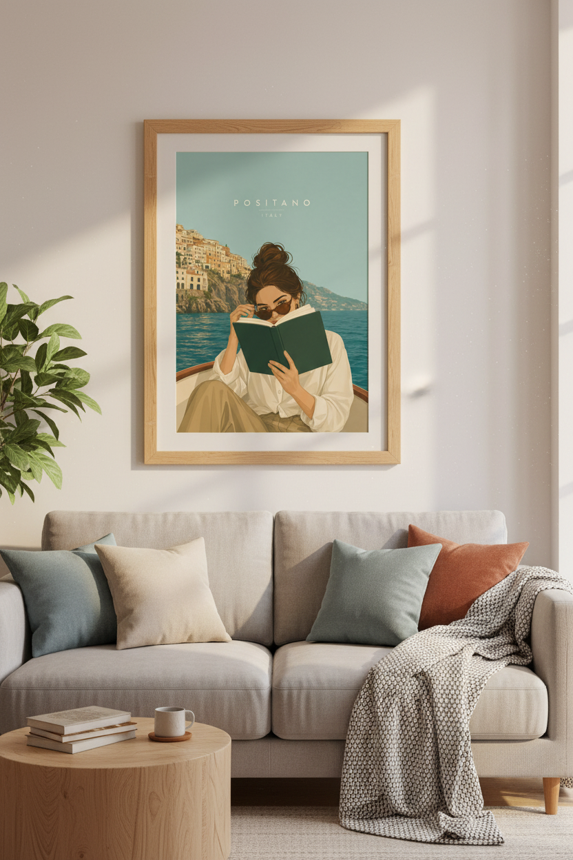 Positano Italy Woman Reading Poster | Coastal Home Decor | Retro Mediterranean Art