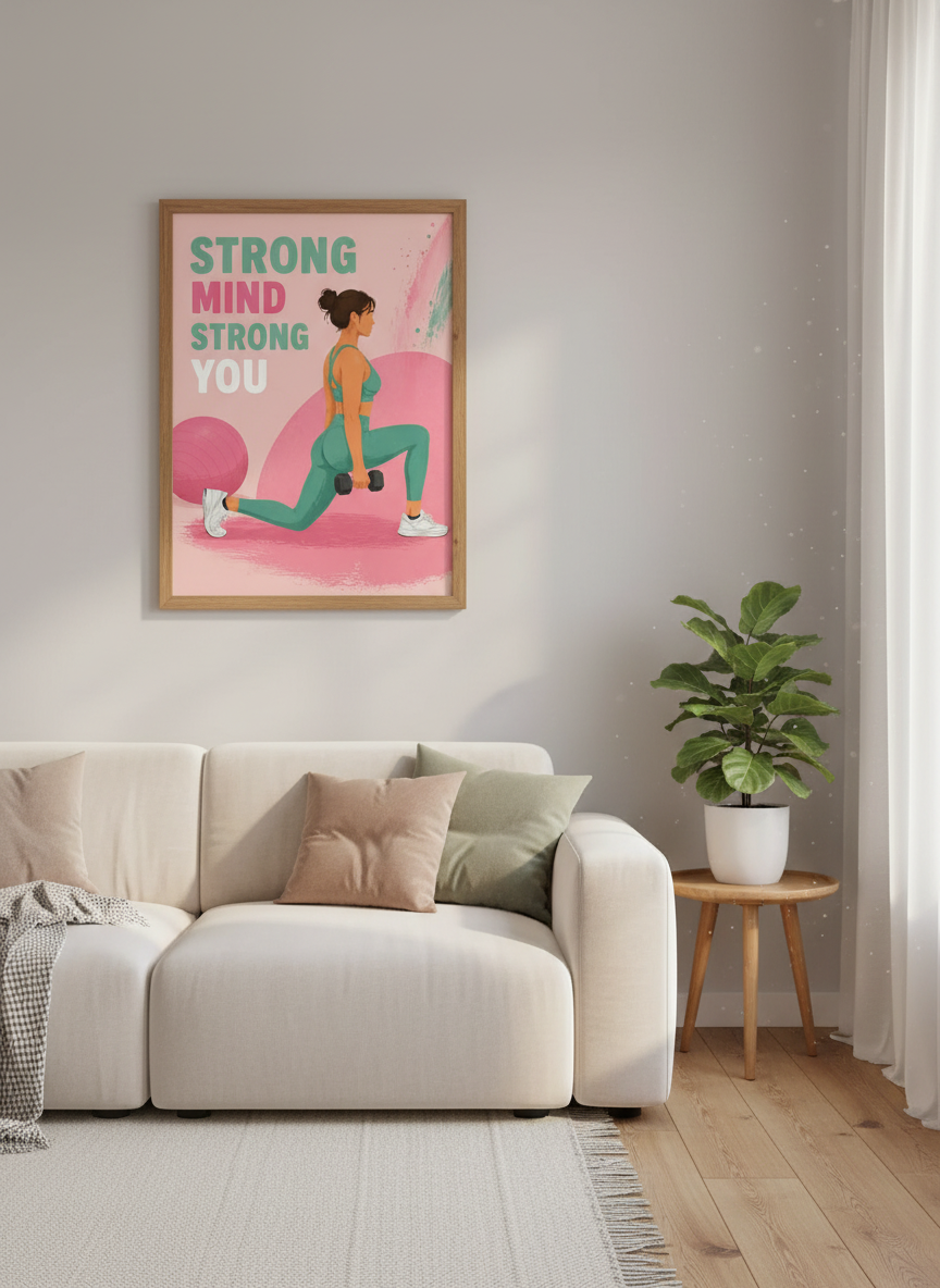 Strong Mind Fitness Wall Art | Pink Teal Gym Decor | Motivational Poster