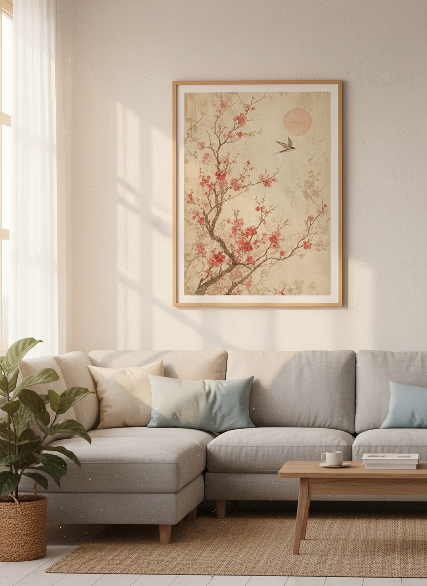 Japanese Cherry Blossom Bird Wall Art | Pink Sakura Floral, Zen Living Room Decor