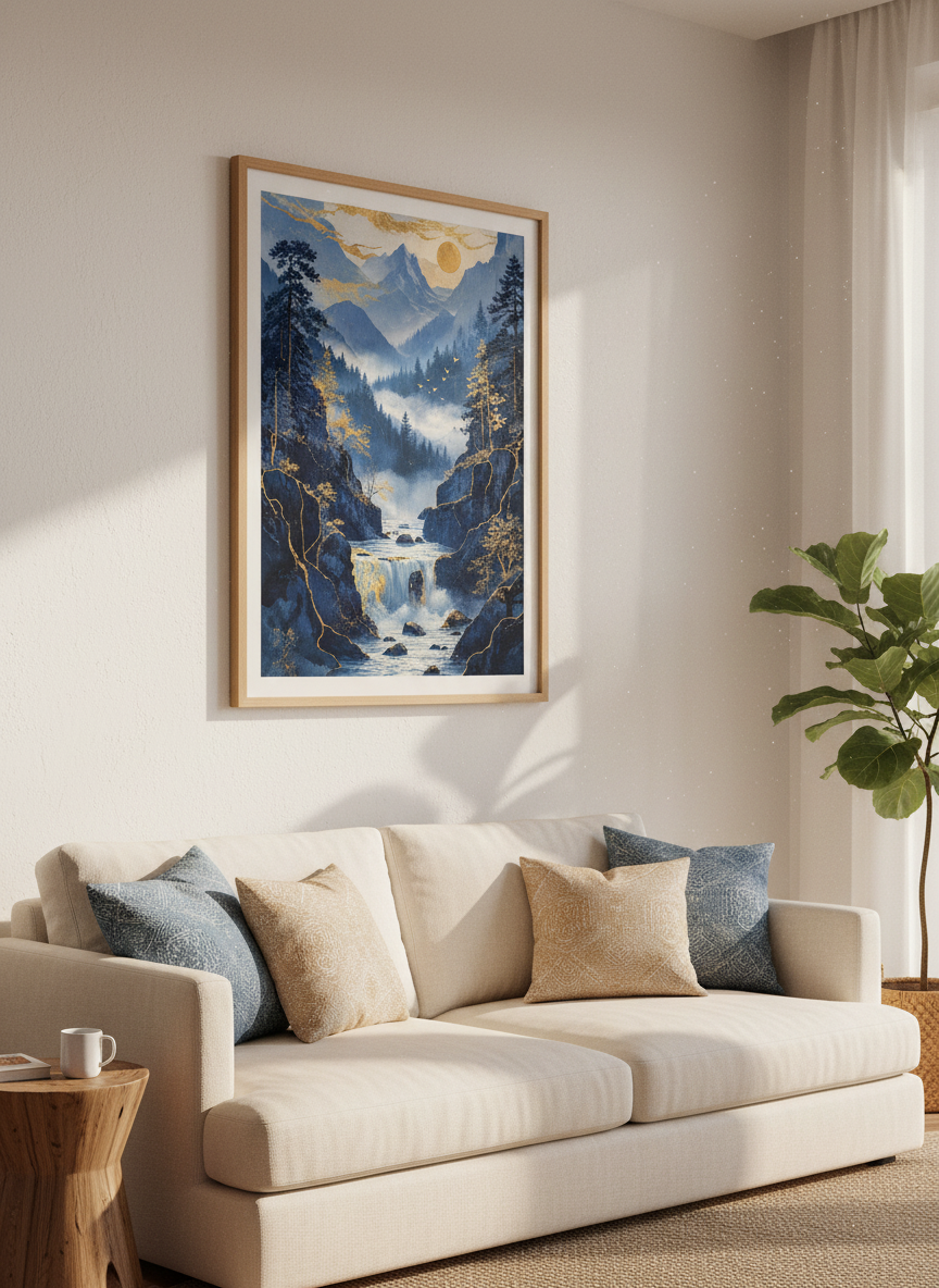 Blue Gold Mountain Waterfall Wall Art | Living Room Decor | Japanese Aesthetic Poster