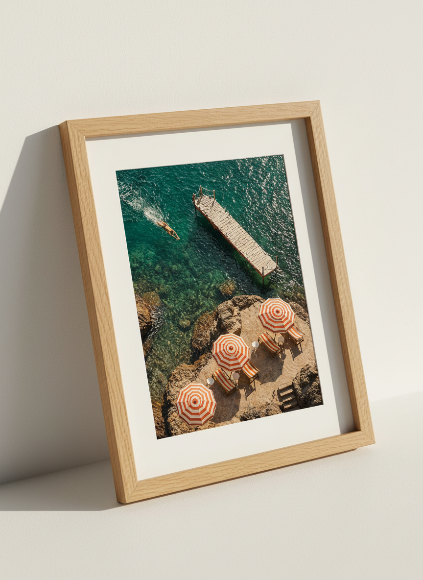 Coastal Italian Travel Wall Art Print | Vibrant Ocean Home Decor | Orange Beach Umbrella Aesthetic Poster, Unframed, Framed, Digital