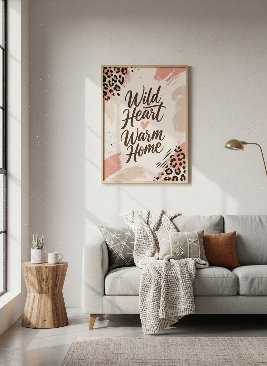 Wild Heart Warm Home Art | Leopard Print Beige Pink Minimalist Wall Decor | Boho Quotes