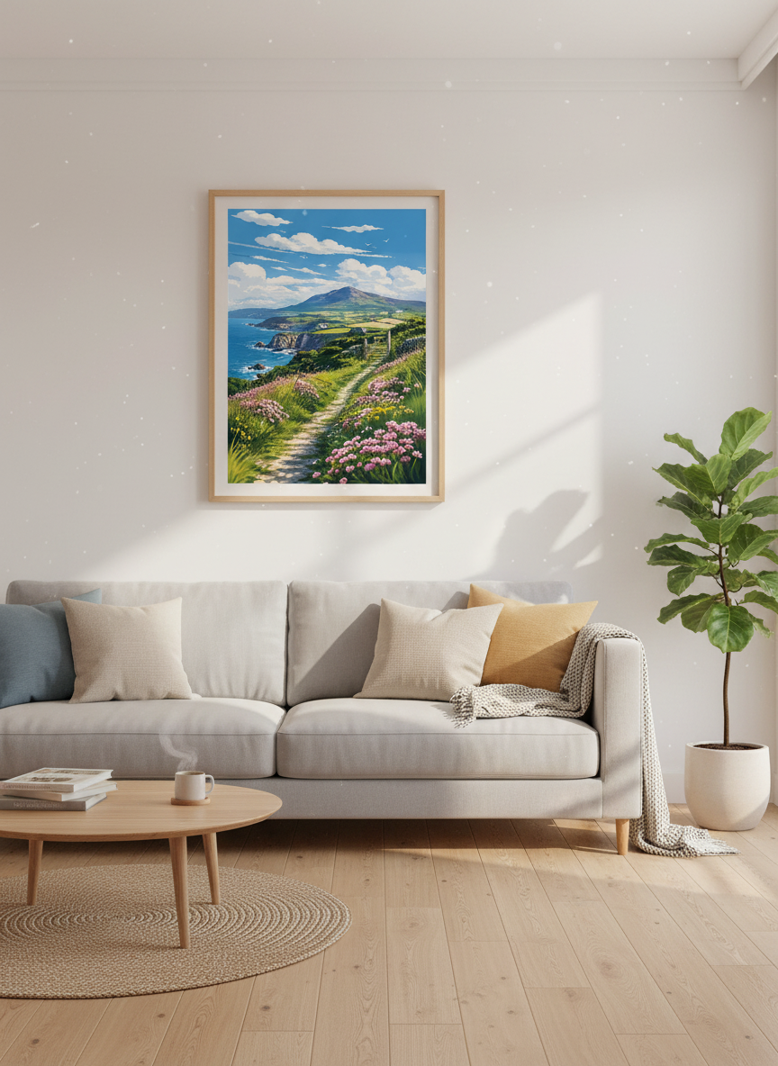 Coastal Landscape Wall Art | Floral Seaside Path Print, Mountain View Poster