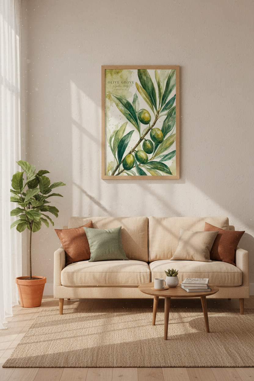 Olive Grove Botanical Art | Green Mediterranean Poster, Italy Kitchen Decor