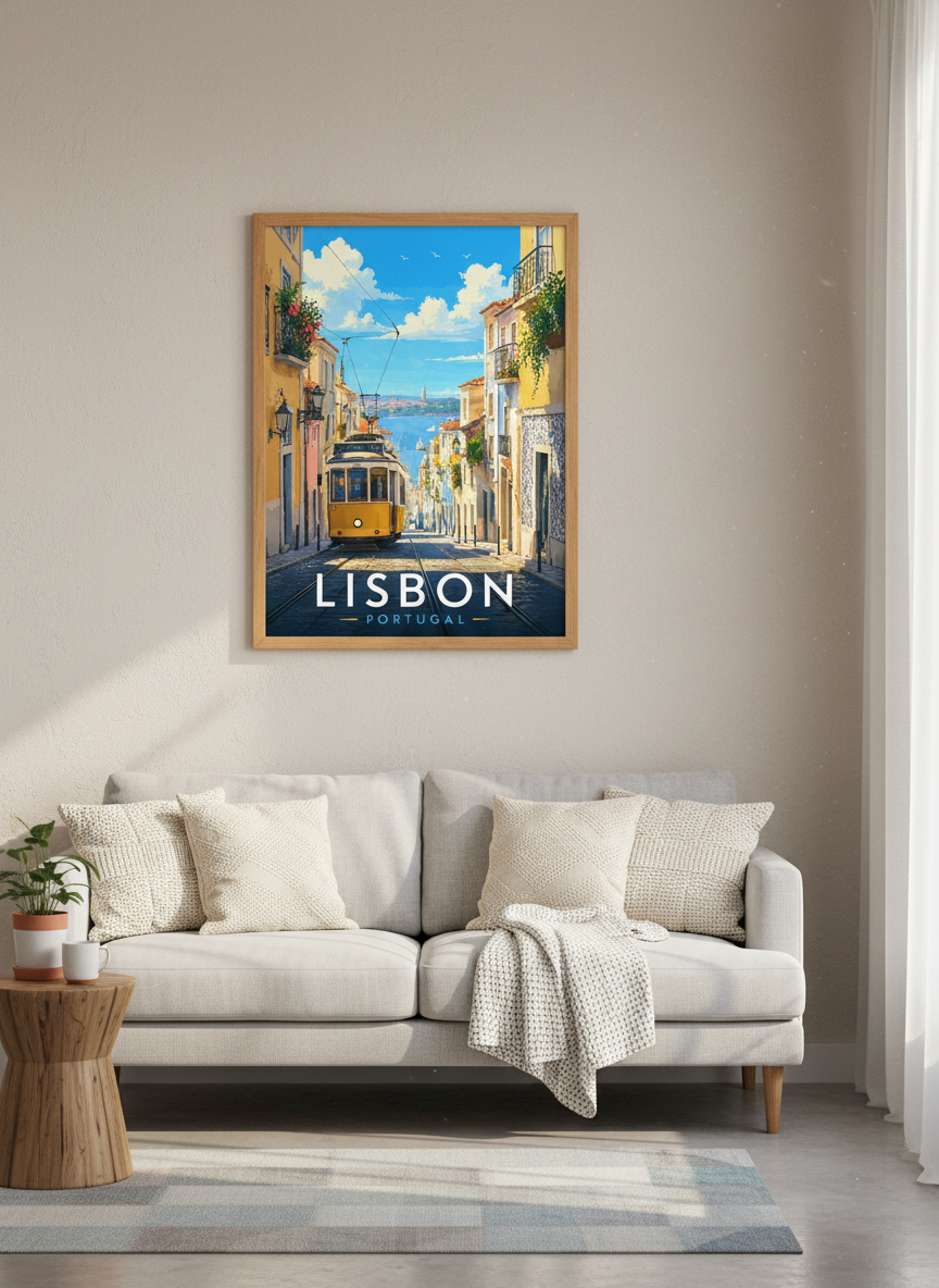 Lisbon Portugal Travel Poster | Yellow Tram Wall Art, Mediterranean City Decor