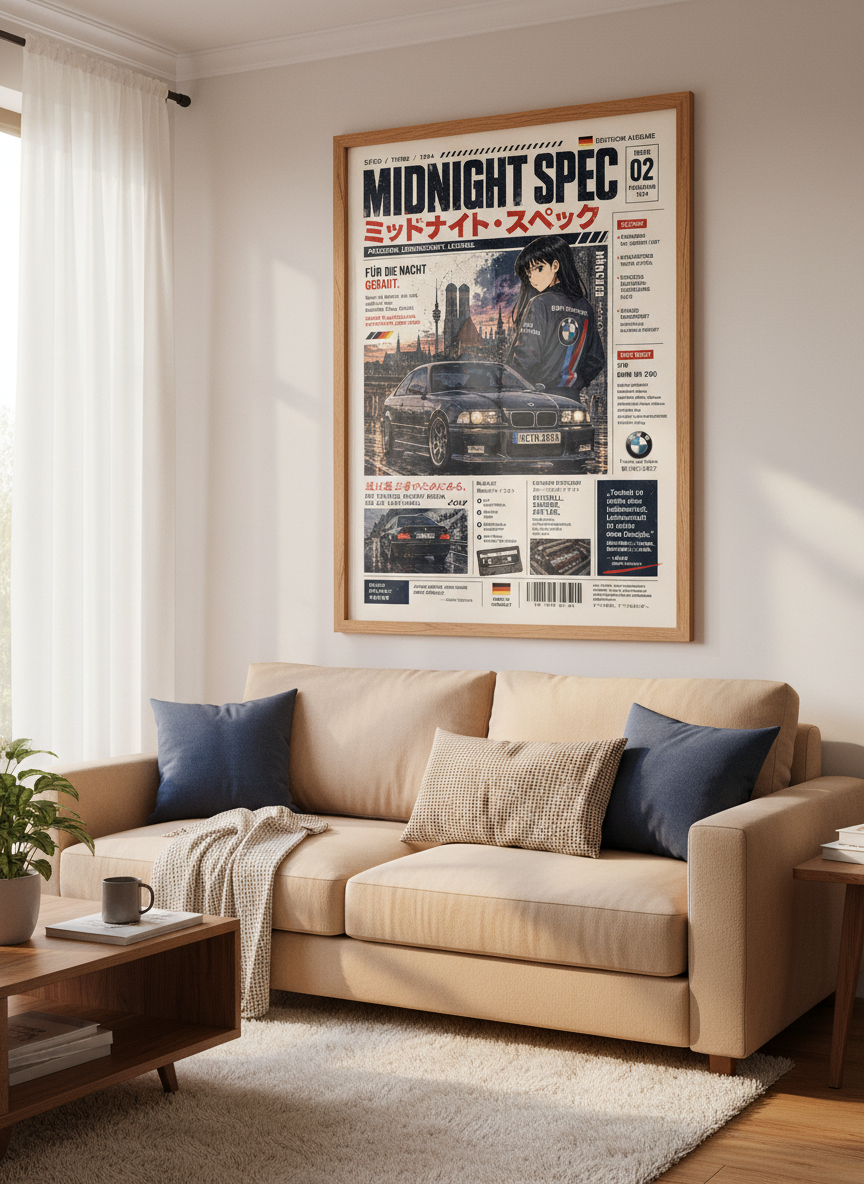 JDM Anime Car Poster | E36 M3 Wall Art, Garage Decor | Vaporwave Aesthetic Print