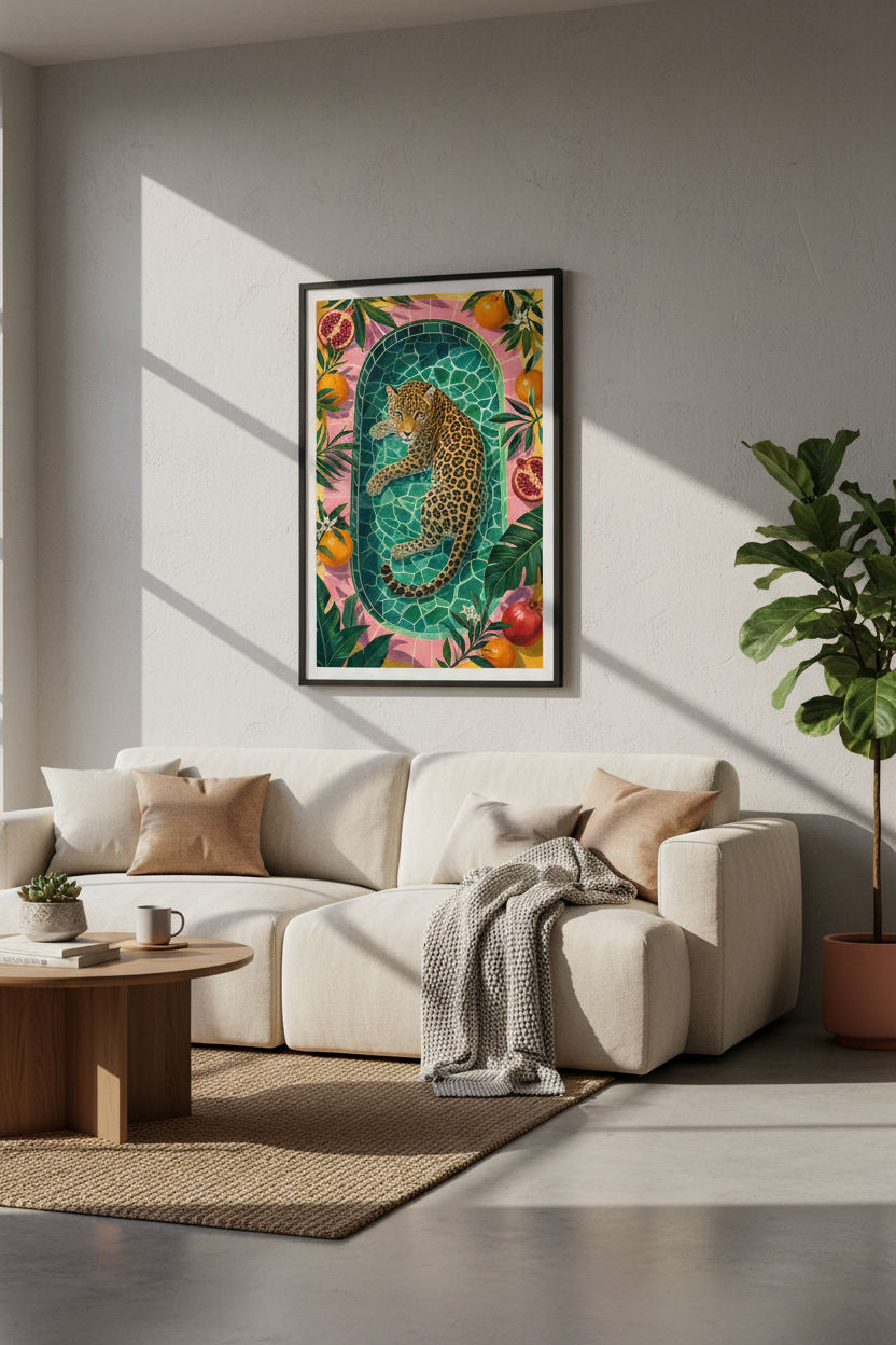 tropical leopard art | Poolside Illustration, Living Room Decor
