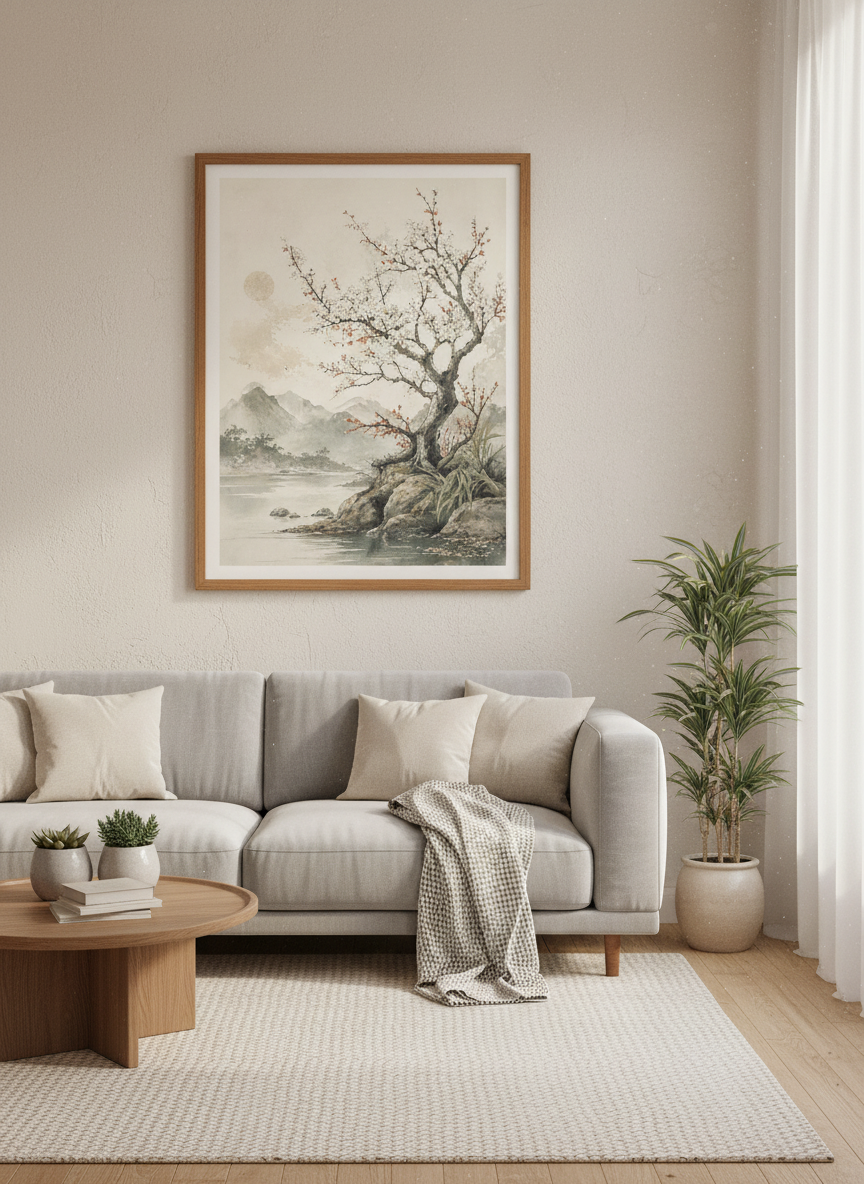 Cherry Blossom Tree Wall Art | Japanese Ink Style Landscape, Zen Living Room Decor
