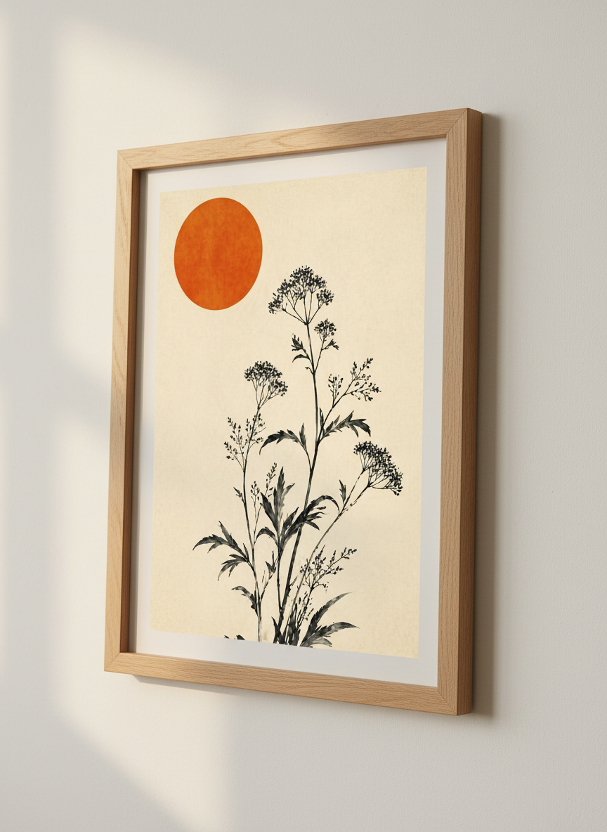 Zen Minimalist Botanical Wall Art Print | Japanese Sun Decor | Mid Century Modern Poster | Floral Landscape Print
