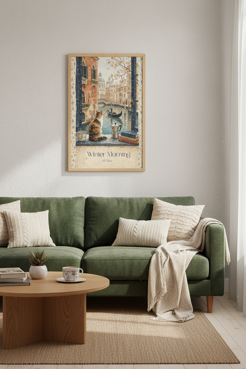 Venice Winter Cat Wall Art | Cozy Italian Cityscape, Travel Poster Print