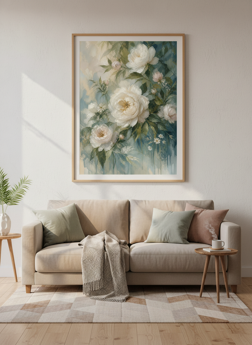 White Peony Floral Wall Art | Teal & Sage Botanical Print, Bedroom Decor