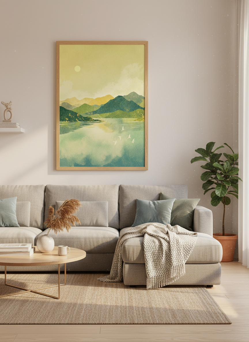 Zen Mountain Lake Scene Wall Art | Nature Landscape Home Decor | Blue Green Gold Print