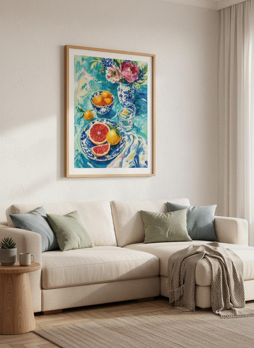 Grapefruit & Peonies Still Life | Vibrant Teal Floral Oil Painting, Kitchen Decor Poster