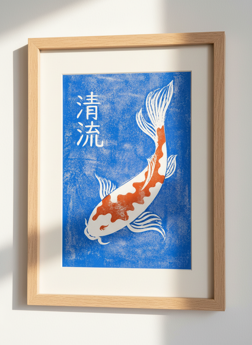 Japanese Woodblock Koi Fish Wall Art Print | Boho Bedroom Decor | Asian Lino-Cut Poster