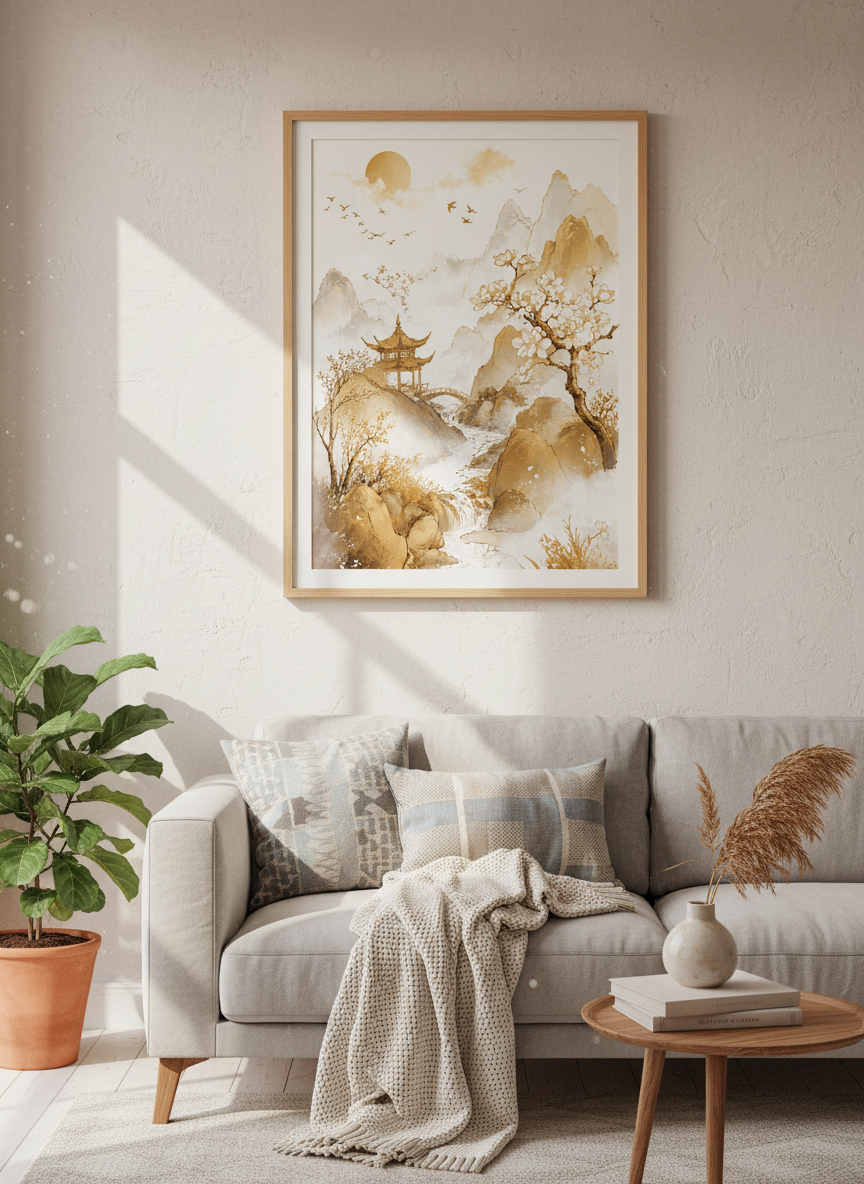 Japanese Pagoda Landscape Wall Art | Gold Mountain Nature Print | Zen Home Decor Poster