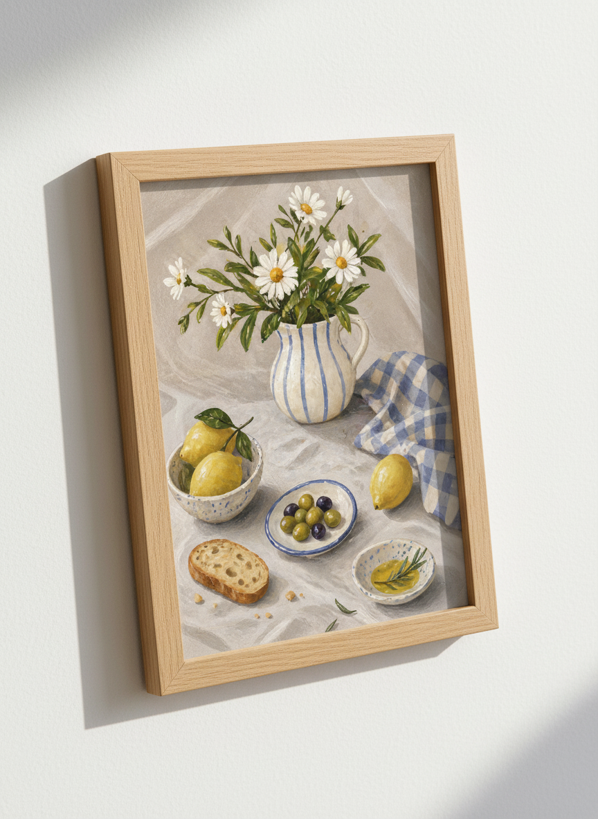 Rustic Still Life Wall Art Print | Kitchen Decor | French Countryside Poster | Botanical Lemon Olives Bread Daisy Painting