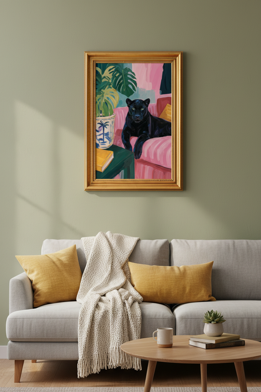 panther wall art | modern tropical, pink green living room poster