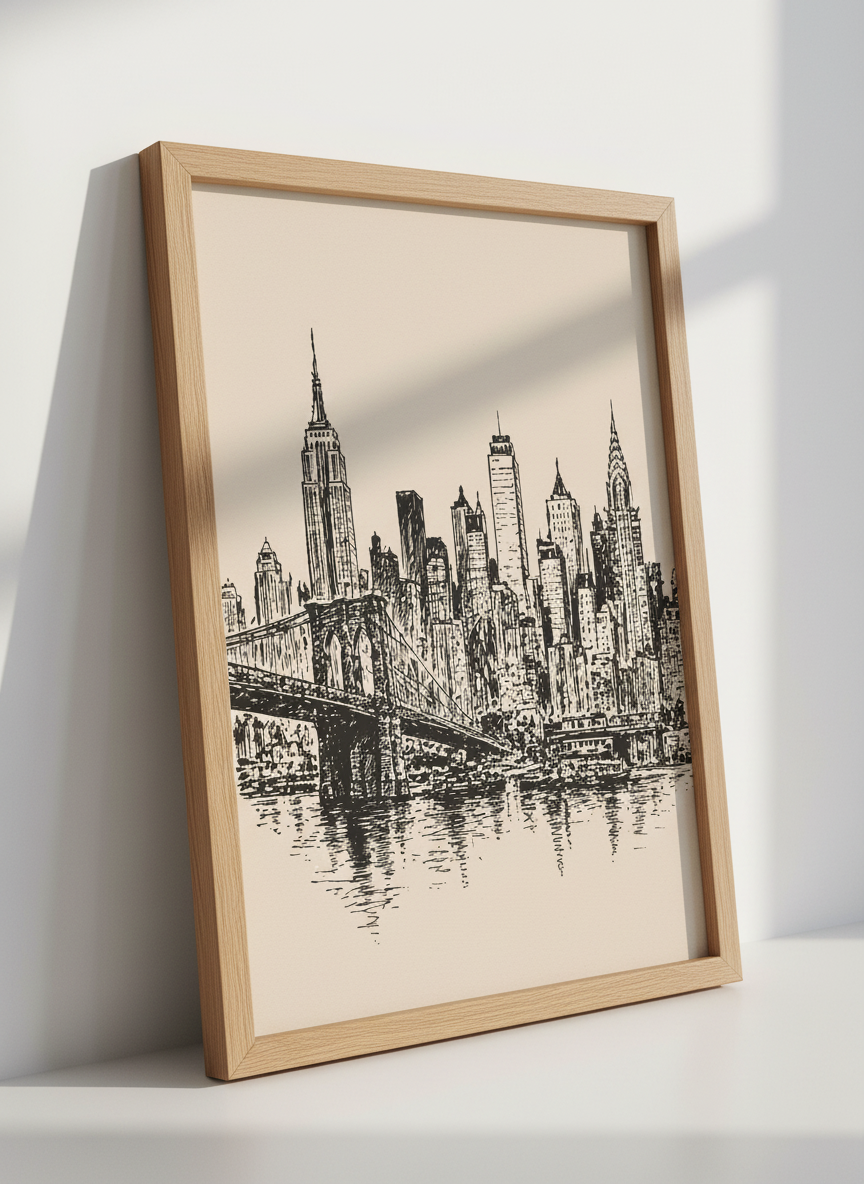 Brooklyn Bridge New York City Skyline Wall Art Print | NYC Abstract Cityscape Decor | Minimalist Ink Sketch Poster