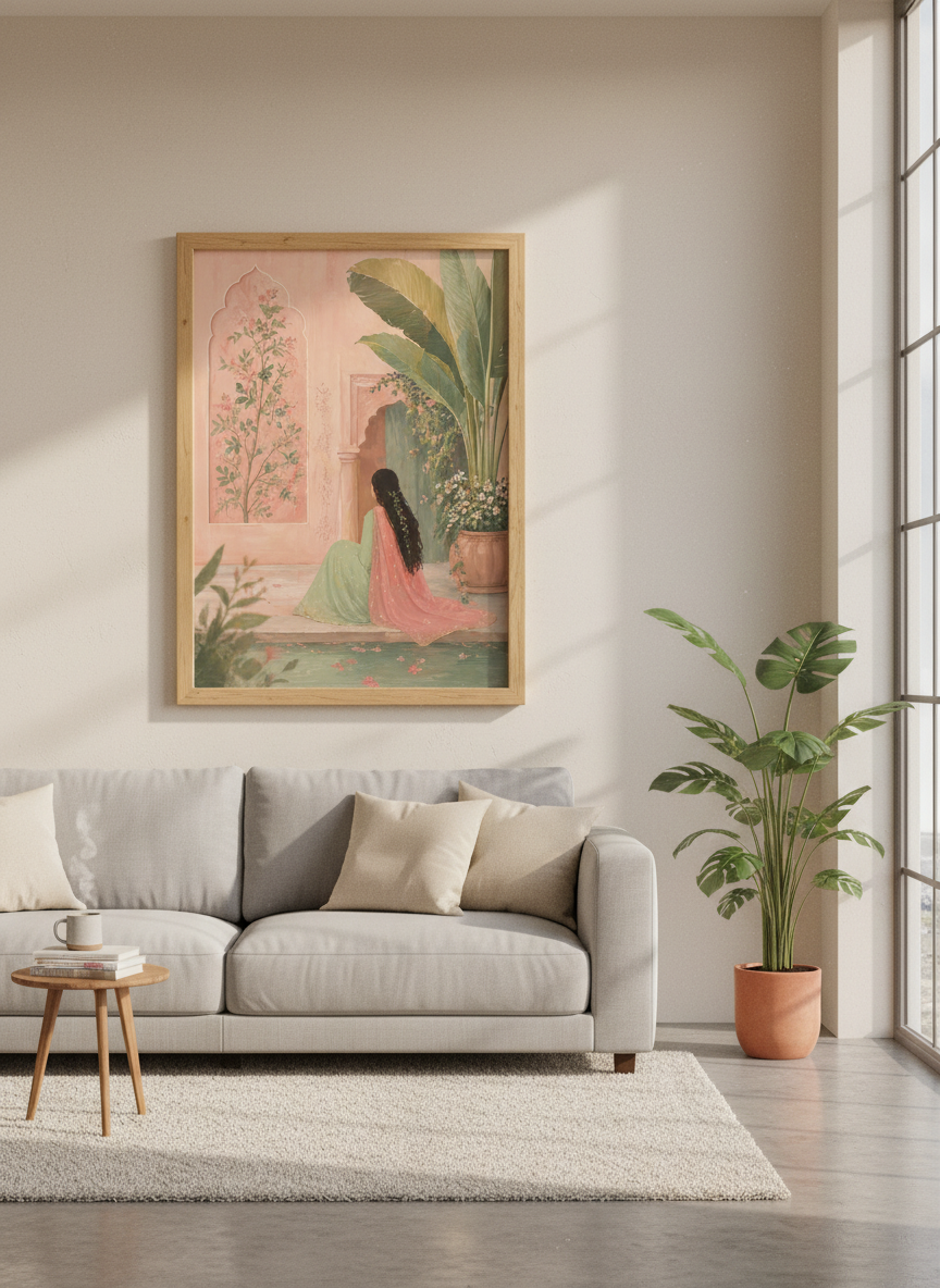Indian Garden Wall Art | Pink Botanical Painting, Mughal Decor Poster