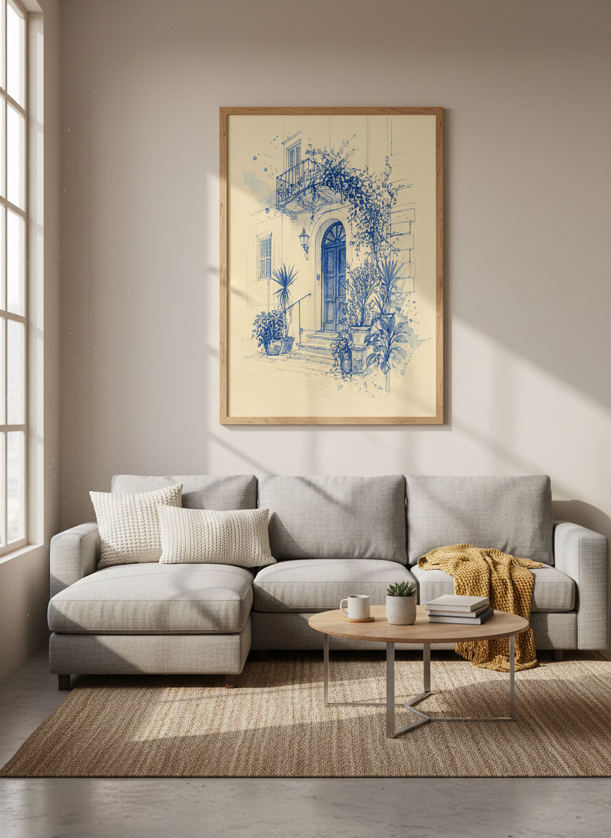 Mediterranean Doorway Sketch | Blue Ink Architecture Art, Living Room Poster