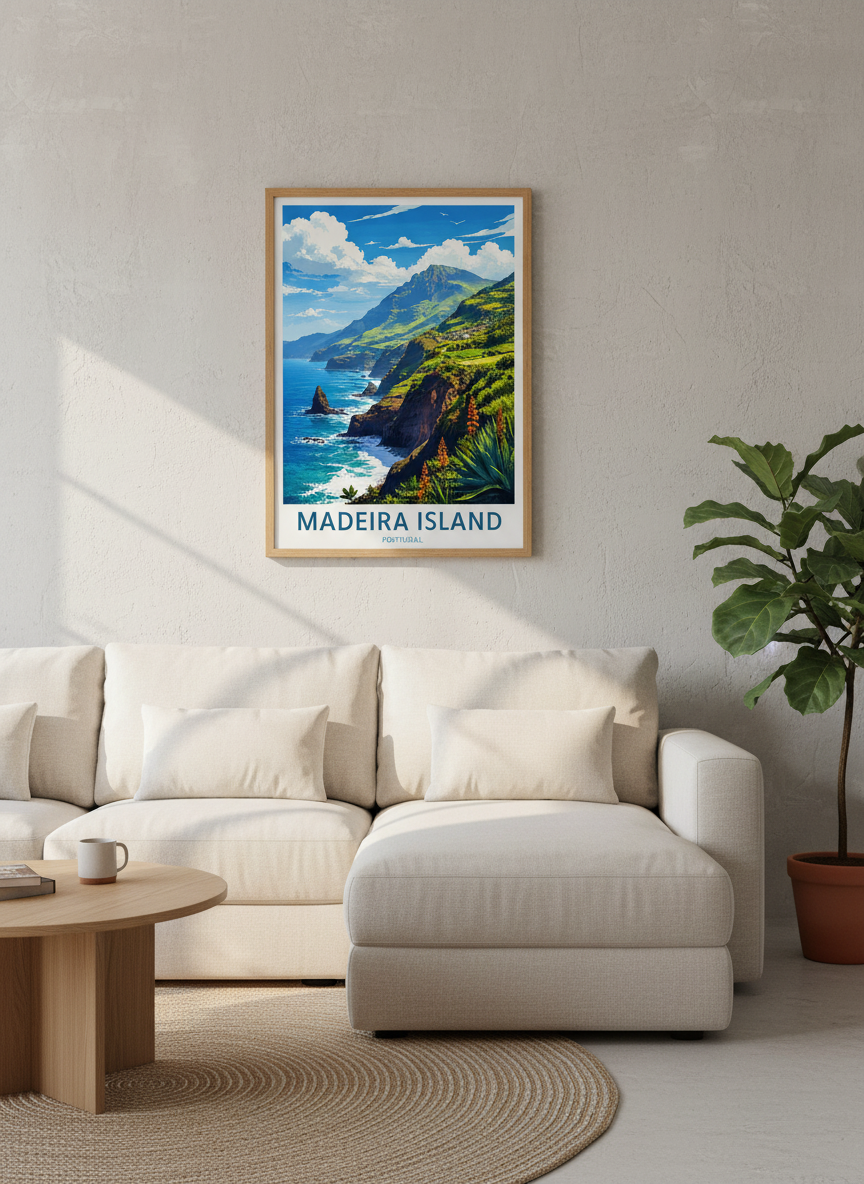Madeira Island Portugal Travel Poster | Coastal Landscape Wall Art | Vibrant Green Nature