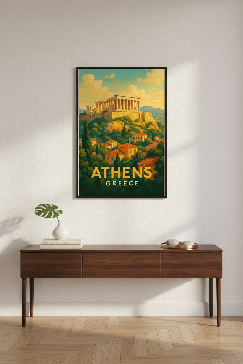 Retro Travel Poster Athens Greece Wall Art Print | Living Room Decor | Framed Acropolis Ancient City Poster