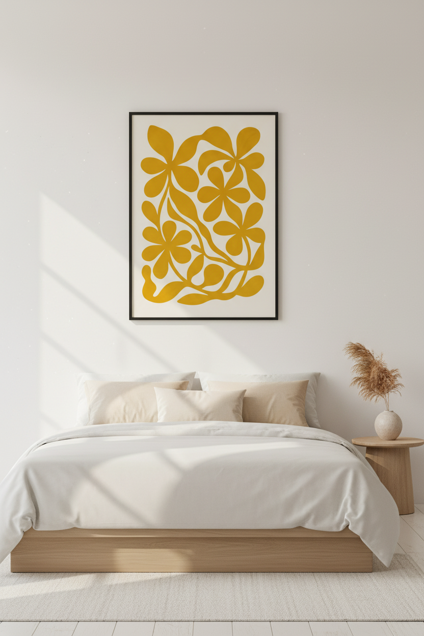 Abstract Floral Wall Art Print | Boho Bedroom Decor | Mid Century Modern Framed Poster | Botanical Gold Flower Art