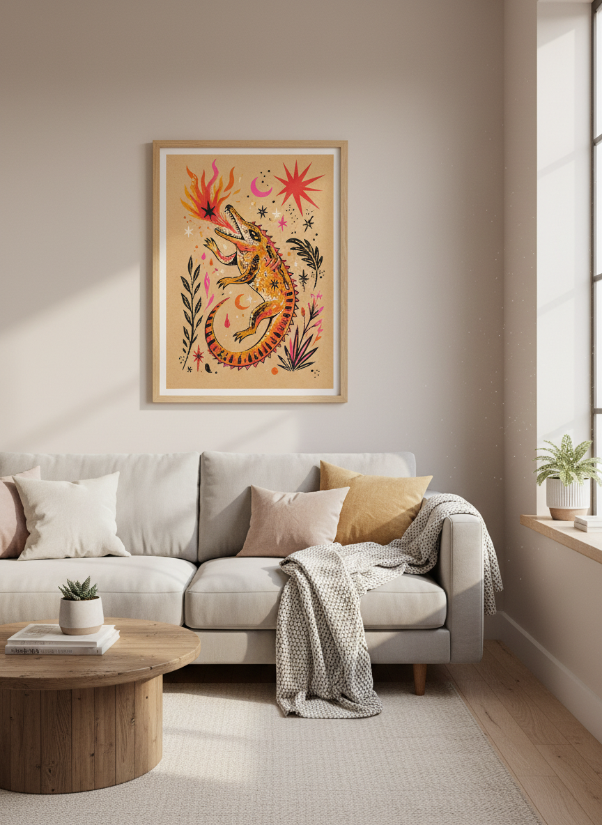 Orange Crocodile Wall Art Print | Boho Kids Room Decor | Maximalist Witchy Poster