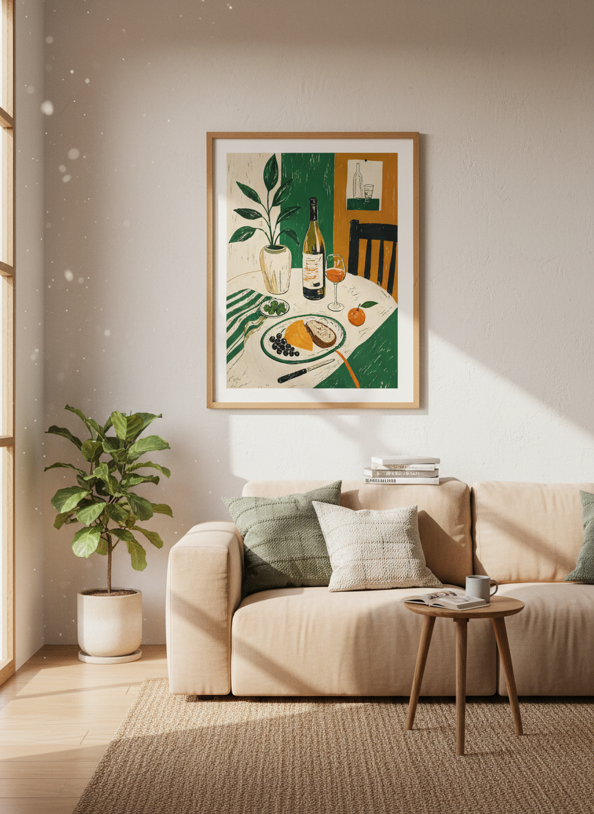Mediterranean Still Life Wall Art | Green & Ochre Kitchen Print, Dining Room Decor