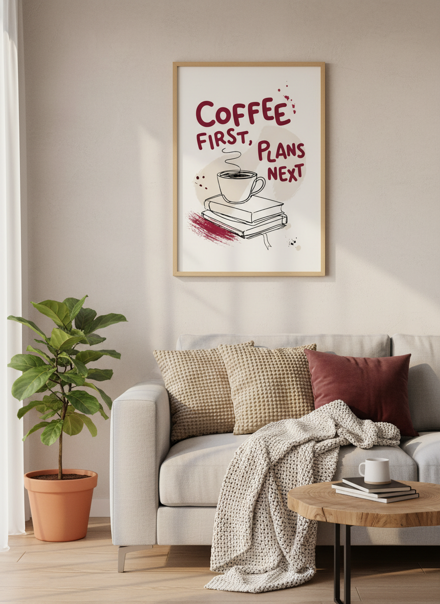 Coffee First Plans Next Wall Art | Kitchen Decor | Minimalist Coffee Lover Poster