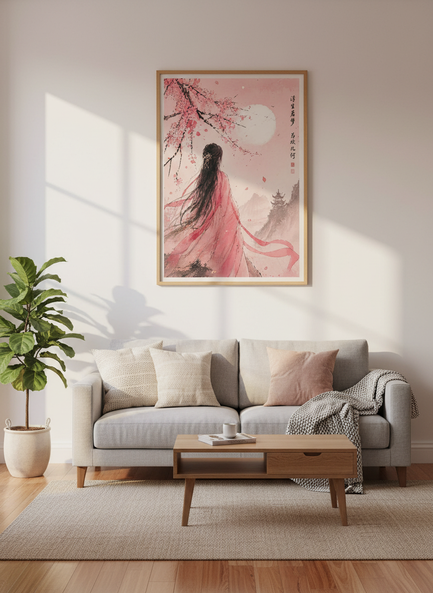 Chinese Woman & Cherry Blossom Art | Pink Ink Wash Style, Zen Aesthetic Wall Decor