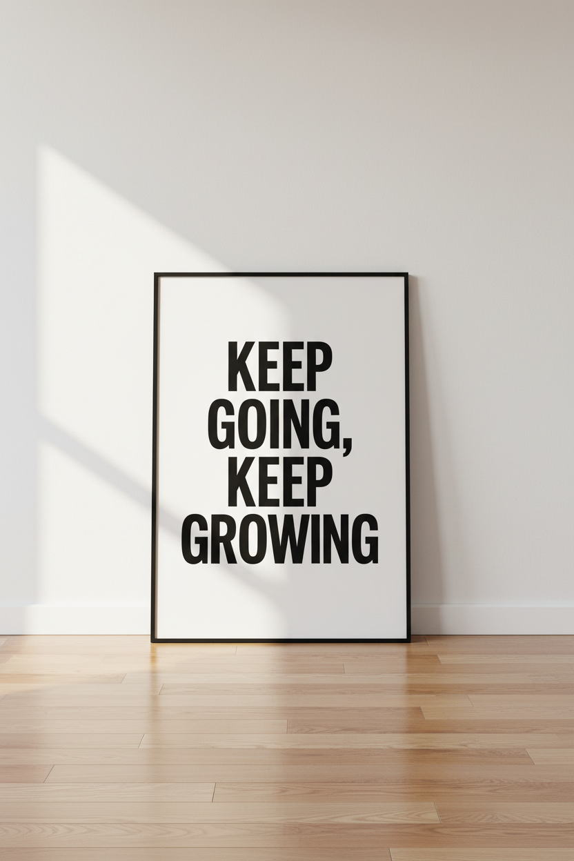 Minimalist Motivational Wall Art Print | Office Living Room Decor | Inspiring Quote Poster | Keep Going Keep Growing Black & White Typography