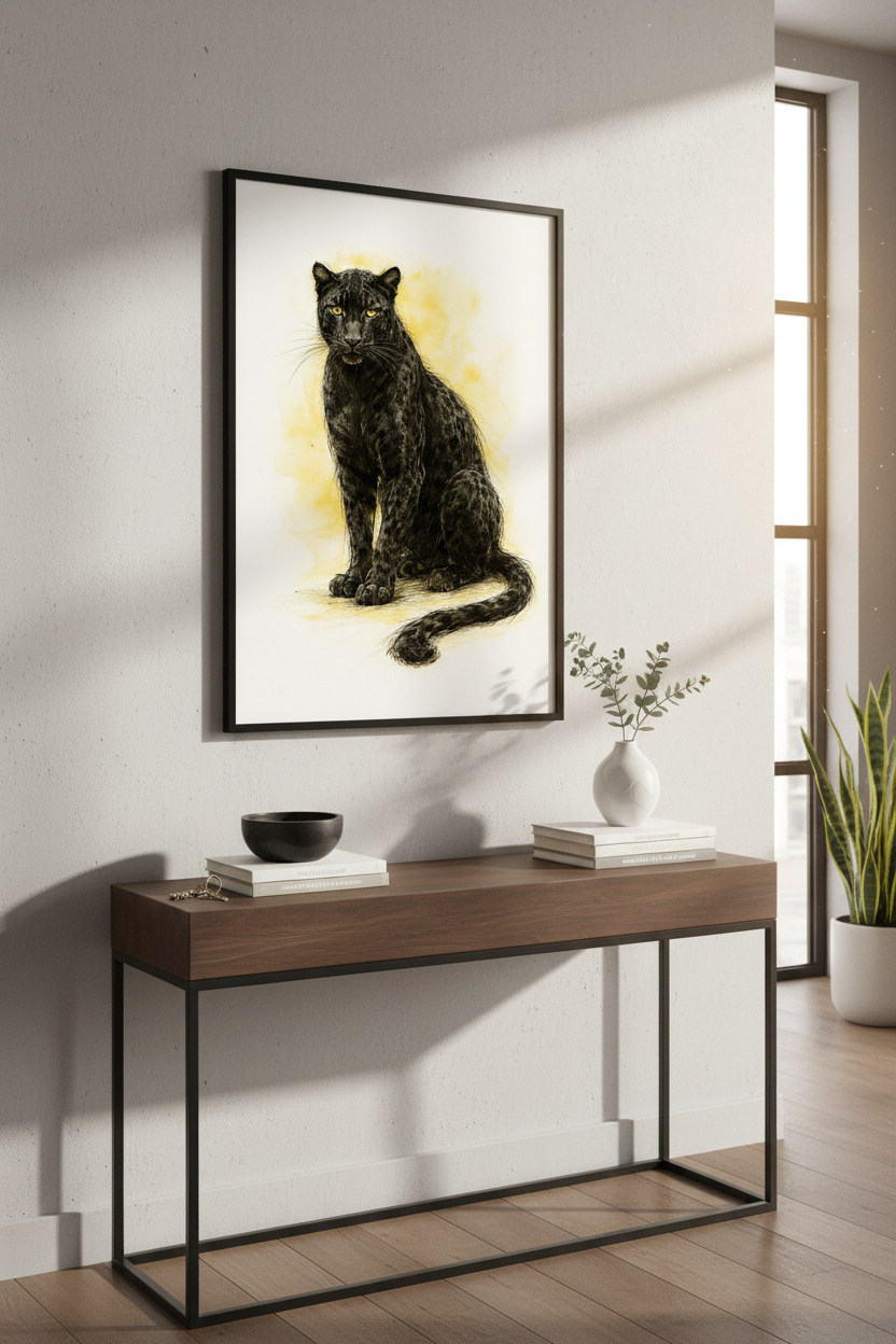 Watercolor Black Panther Wall Art Print | Jungle Home Decor | Wildlife Animal Poster | Yellow & Black | Digital & Framed Options