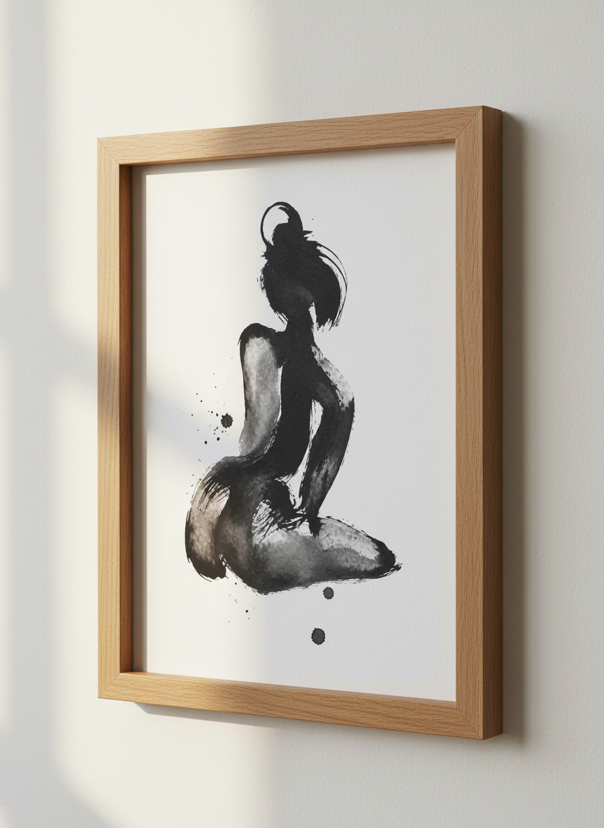 Minimalist Female Figure Wall Art Print | Bedroom Decor | Zen Ink Wash Abstract Woman Poster | Brush Stroke Nude Art