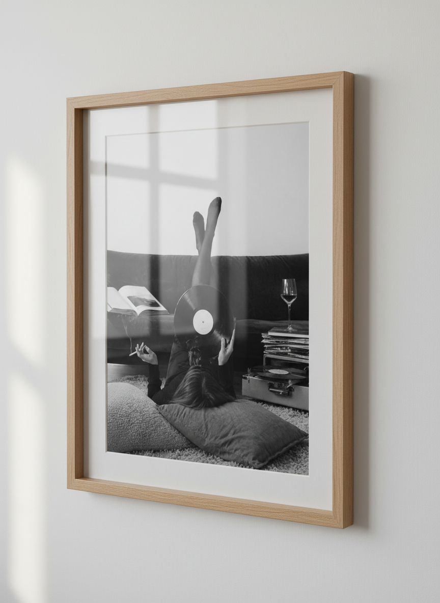 Monochrome Lifestyle Wall Art Print | Relaxing Vinyl Record Poster | Black and White Room Decor | Aesthetic Music Lover Gift
