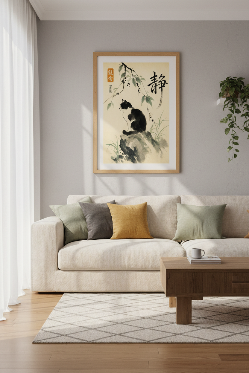 Japanese Black and White Cat Wall Art | Zen Ink Style, Living Room Decor