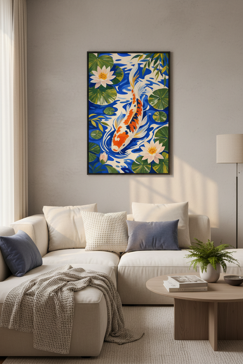 koi fish wall art | Handpainted Blue & Orange, Bathroom Decor