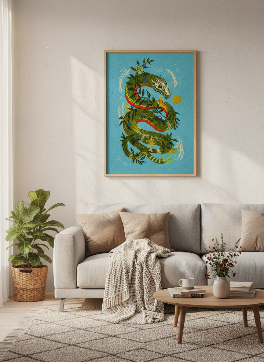 Kundalini Serpent Dragon Wall Art | Mystical Folk Decor | Boho Psychedelic Print