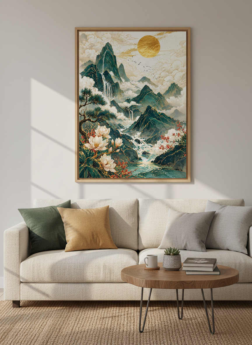 Japanese Mountain Landscape Wall Art | Gold Sun Zen Decor | Nature Poster