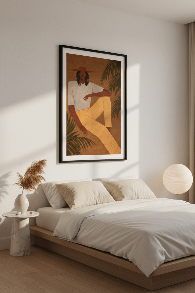 Minimalist Bohemian Art Print | Man with Dreadlocks Framed Wall Art | Mid-Century Modern Living Room Decor | Gallery Wall Poster