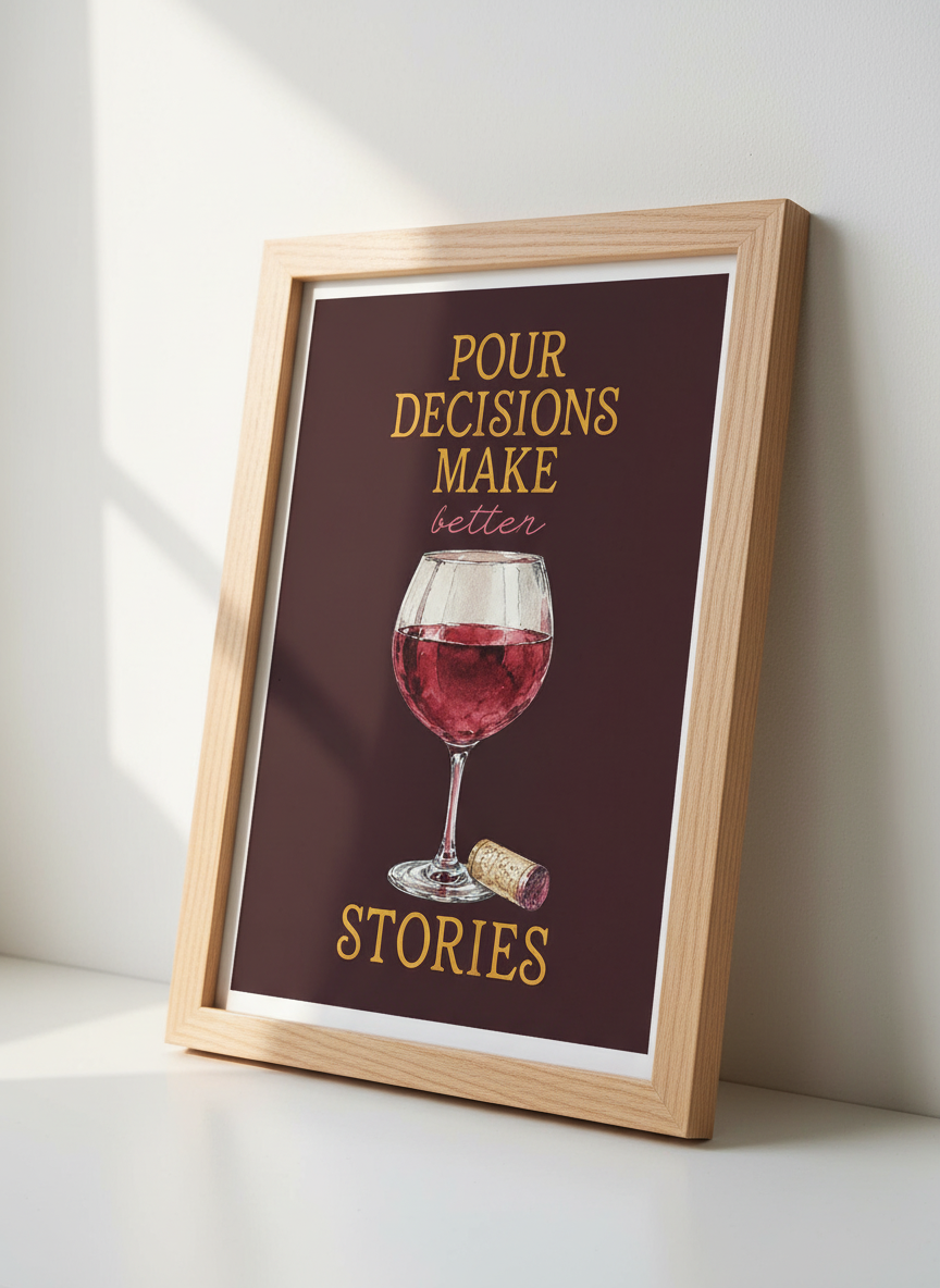 Humorous Wine Quote Wall Art | Kitchen Bar Decor | Funny Wine Lover Poster | "Pour Decisions Make Better Stories" Gift Print