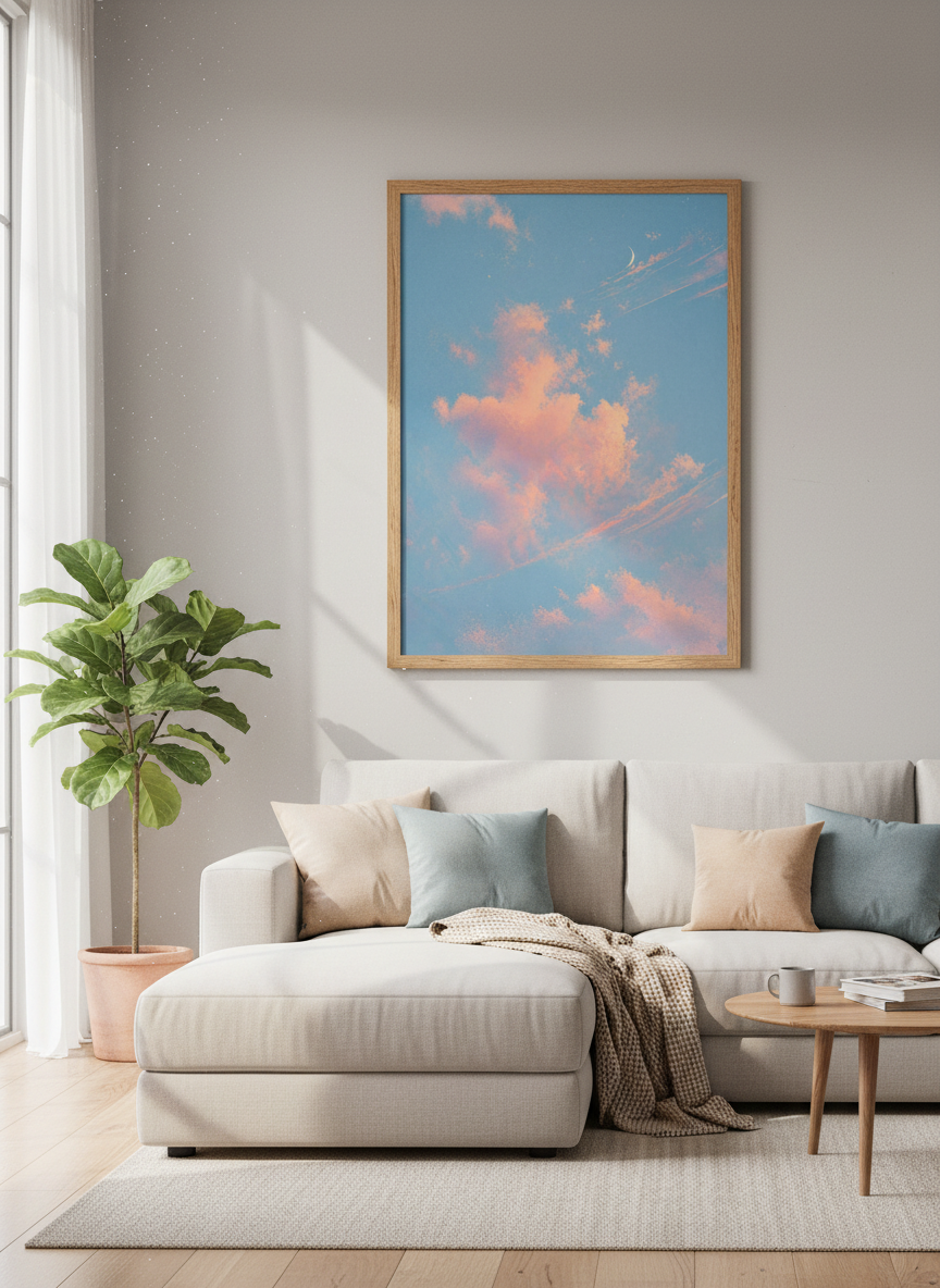 Pastel Sunset Clouds Print | Aesthetic Blue Sky & Moon Wall Art, Cozy Bedroom Decor
