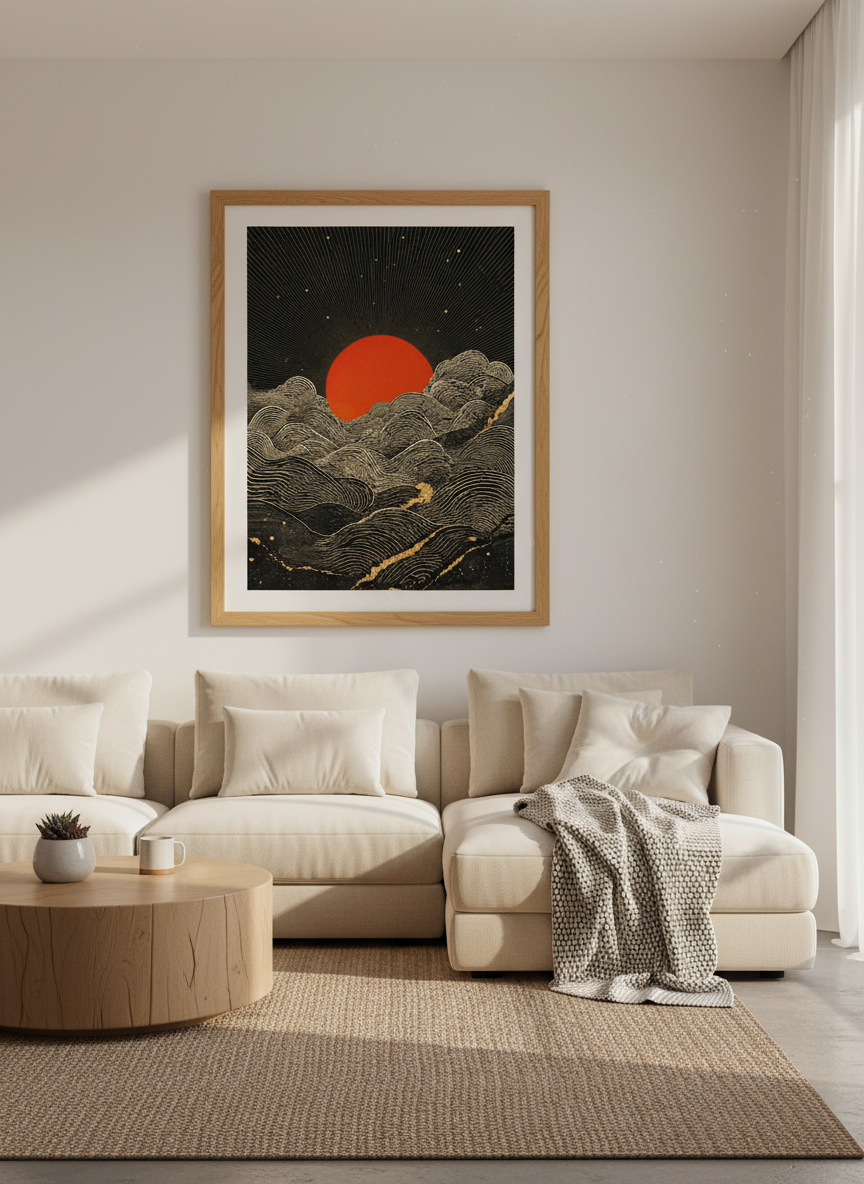 Red Sun & Gold Waves Wall Art | Japanese Style Landscape | Celestial Zen Poster