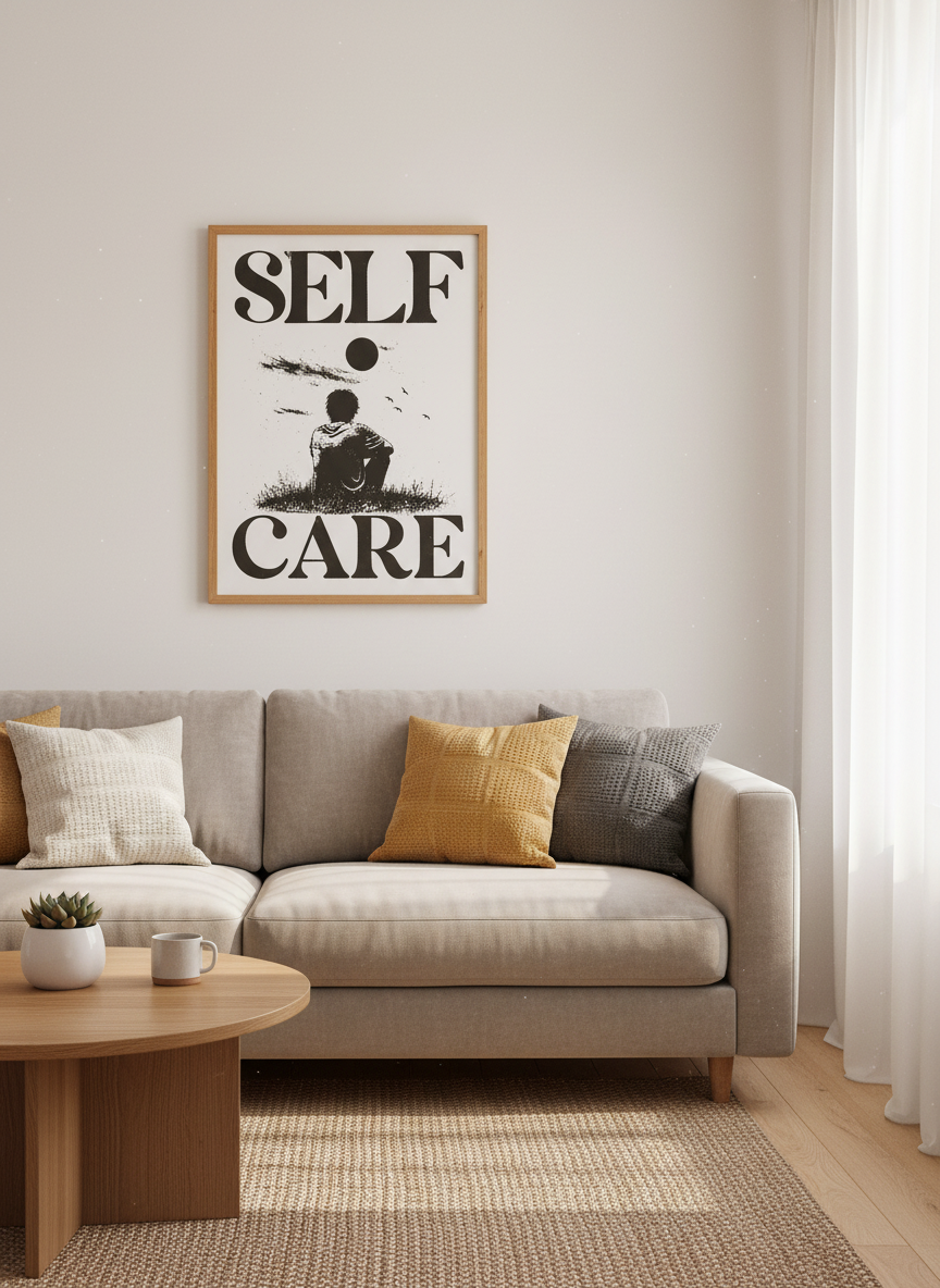 Self Care Black White Illustration Print | Minimalist Wall Art, Motivational Decor